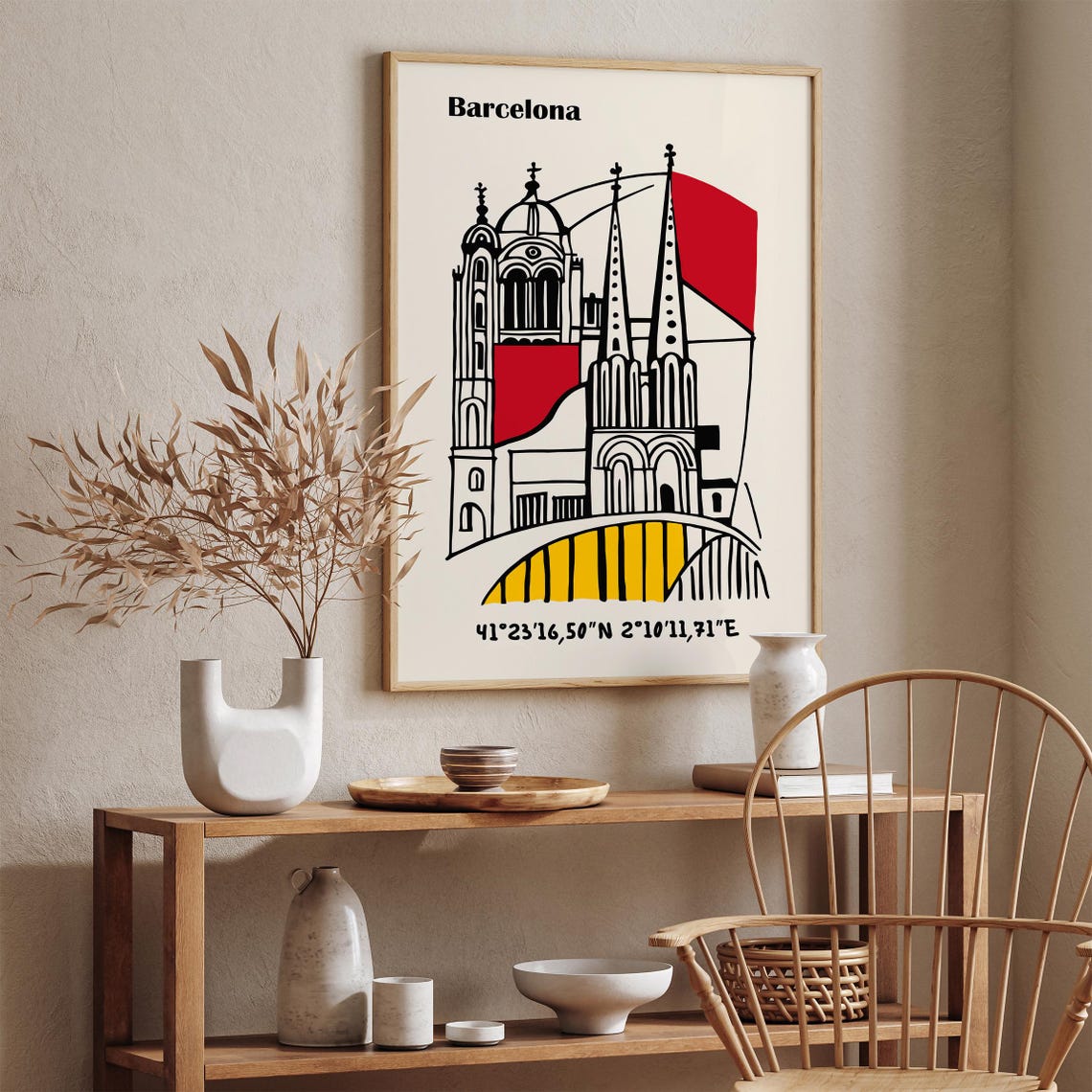 Barcelona Red Yellow Cathedral Line Art Coordinates Map Poster - Image 2