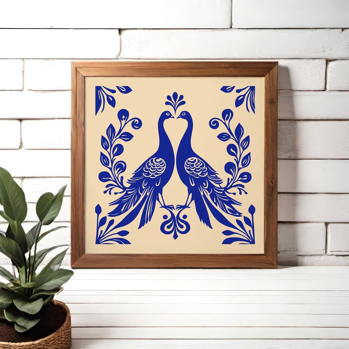 Art Nouveau Blue Peacocks Symmetrical Square Decorative Poster - Image 3