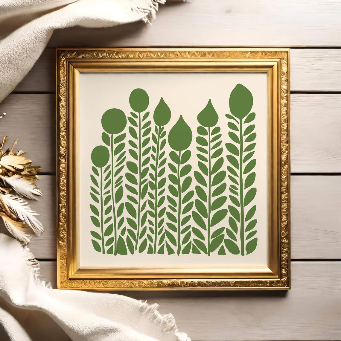Minimalist Green Plant Stems Scandinavian Square Botanical Poster - Image 2