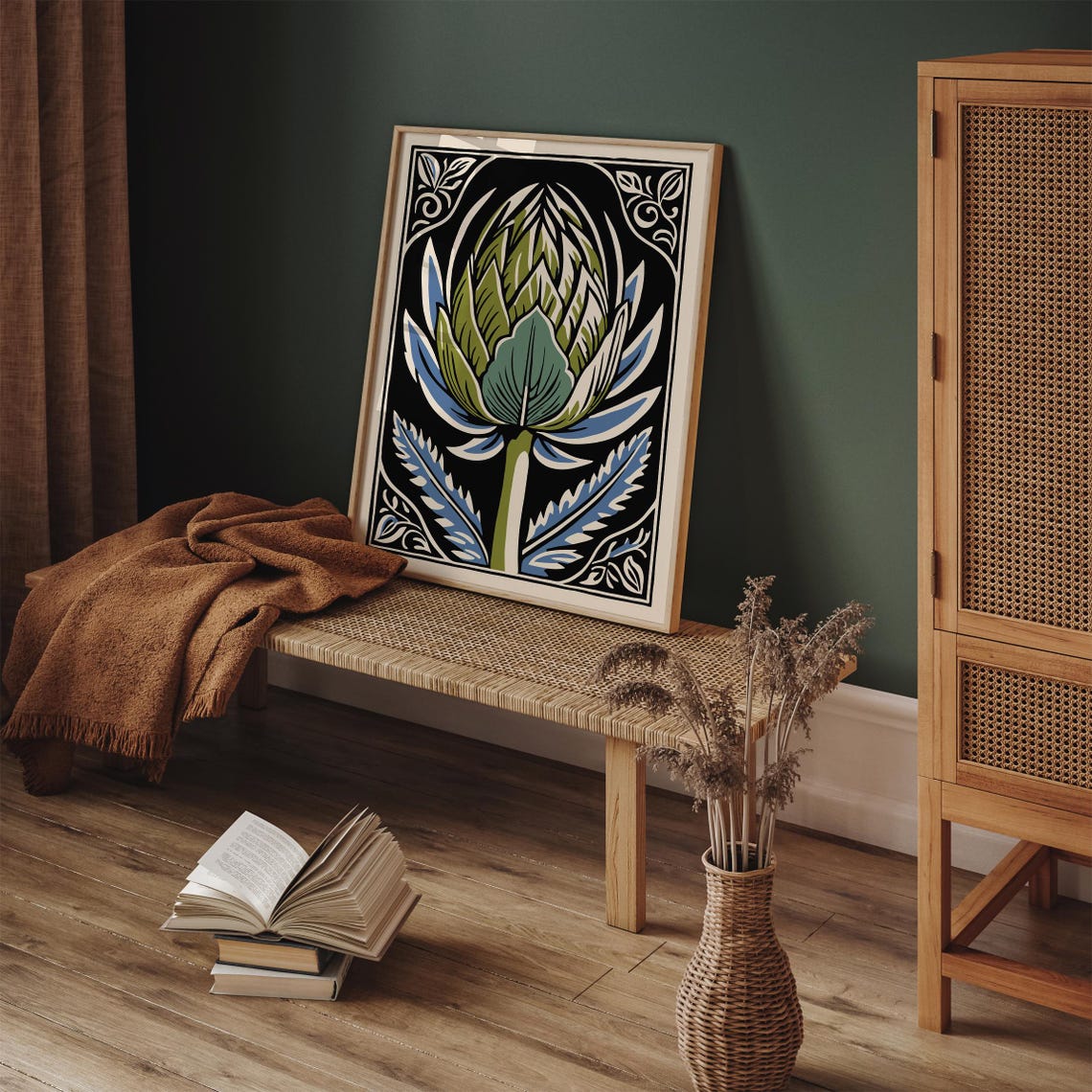 Green Artichoke Linocut on Black With Blue Leaves Kitchen Poster - Image 5