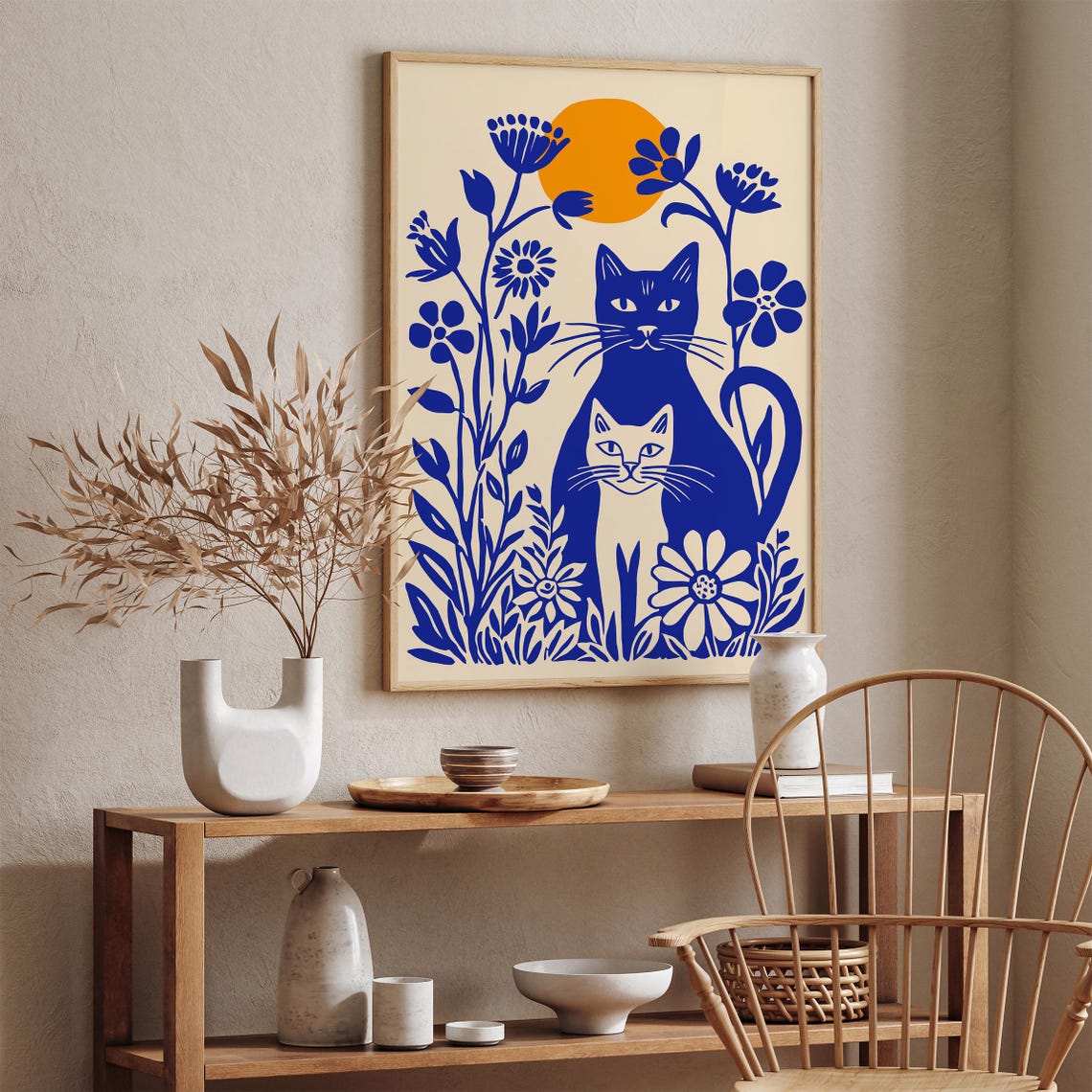 Sunny Blue Cats Among Flowers Whimsical Retro Feline Art Poster - Image 2