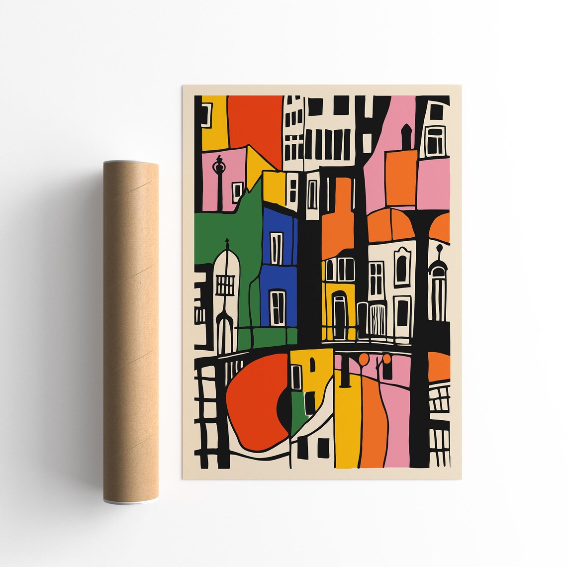 Colorful Abstract Cityscape Poster Blocks of Red Yellow Blue Houses