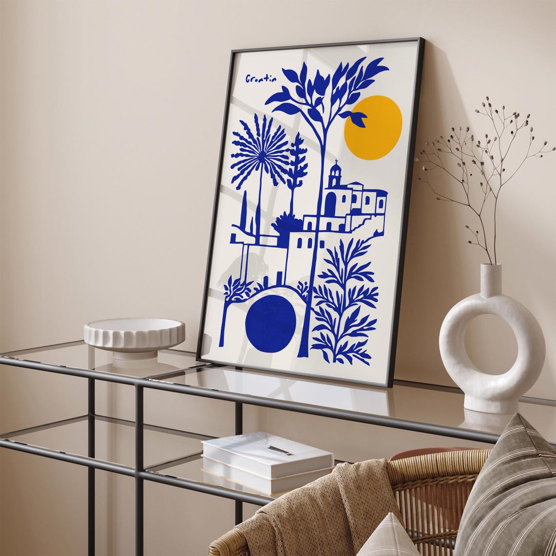 Croatia Coastal Village Blue Yellow Modern Mediterranean Poster - Image 5