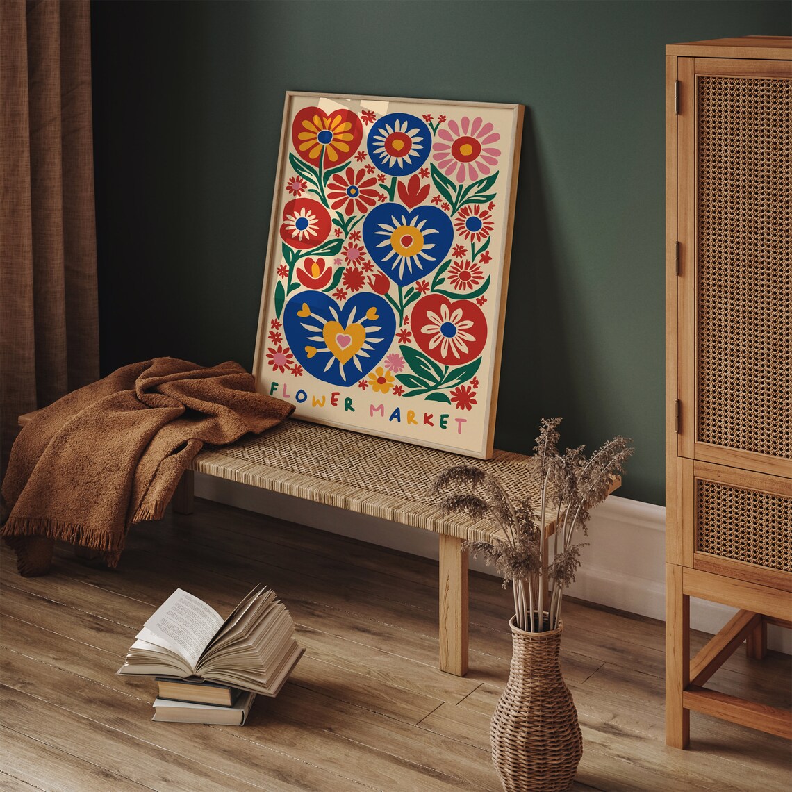 Colorful Flower Market Folk Floral Hearts Whimsical Art Poster - Image 6