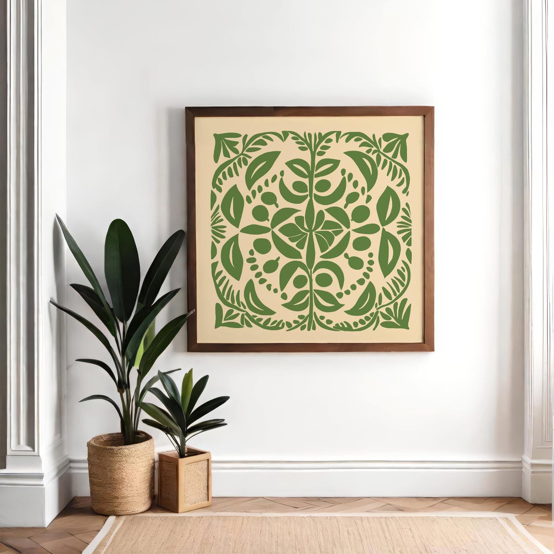 Green Cutout Botanical Symmetrical Square Folk Art Linocut Print - Image 3