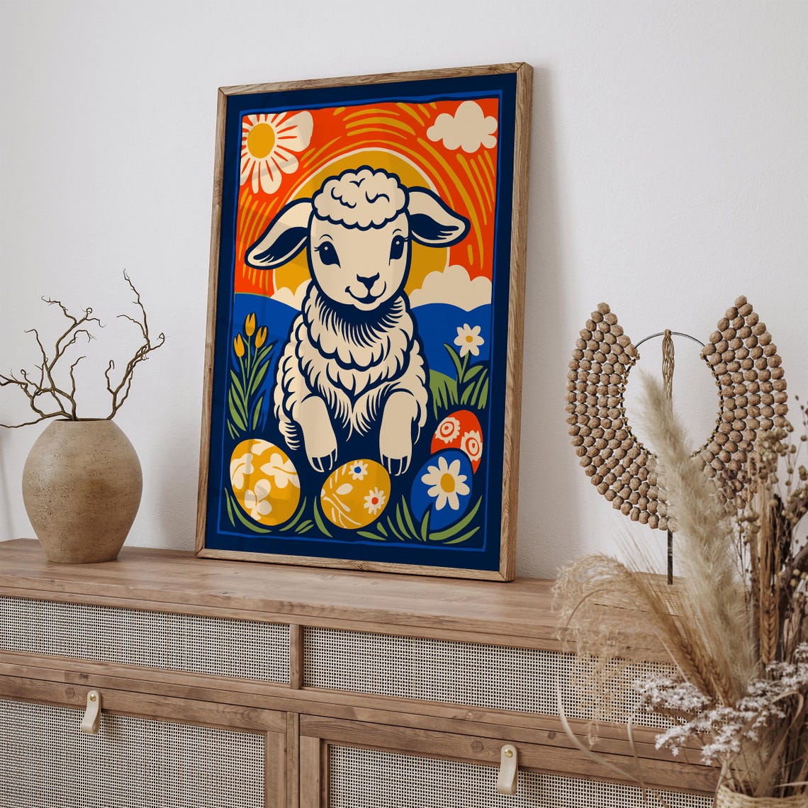 Charming Retro Easter Lamb Poster With Painted Eggs And Bright Sun - Image 3