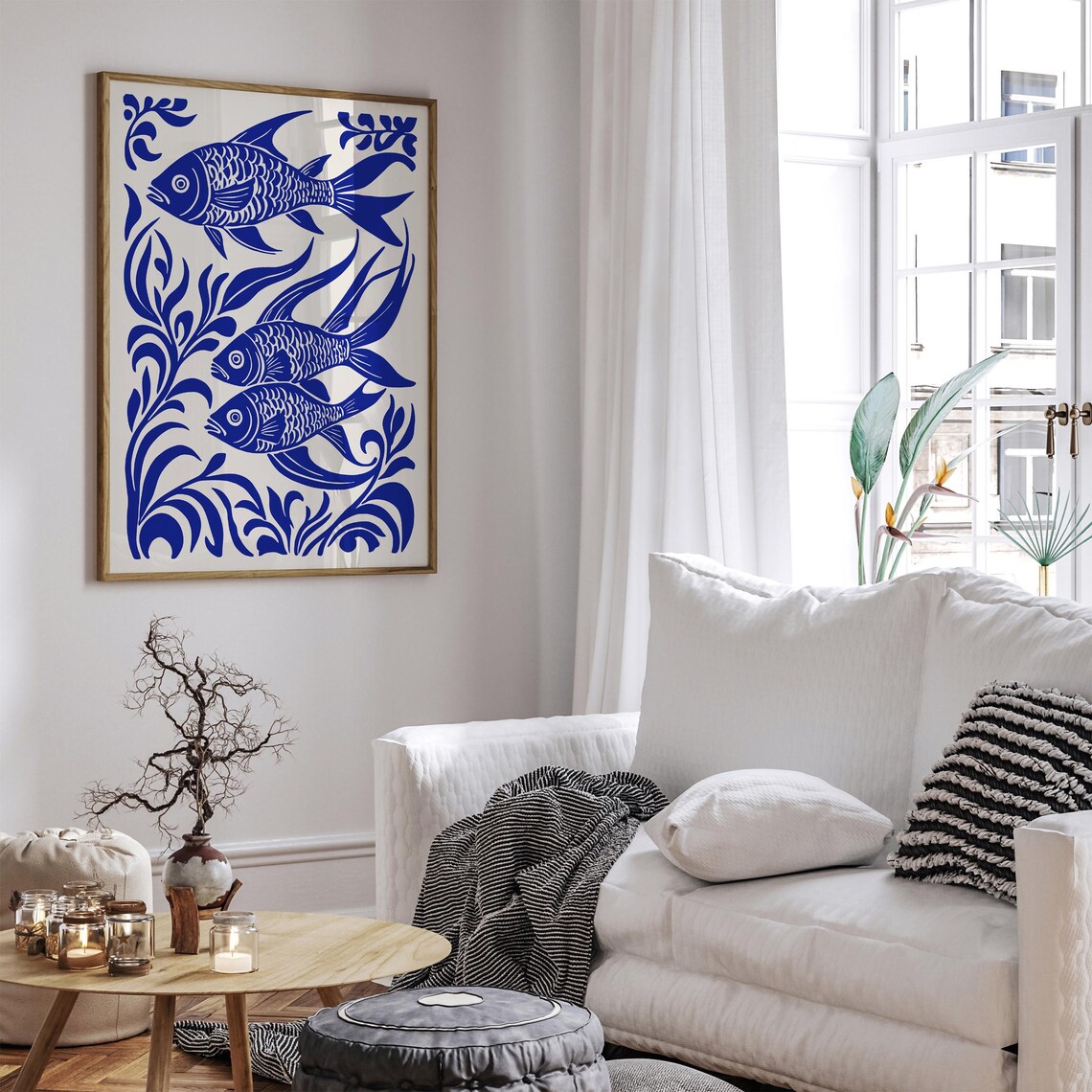 Blue Folk Fish Three Fishes Swimming Among Seaweed Art Poster - Image 5