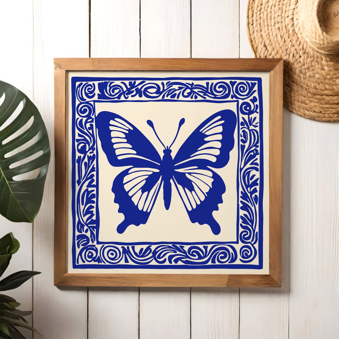 Blue Butterfly Tile Pattern Vintage Nature Scene Deco Poster - Image 4