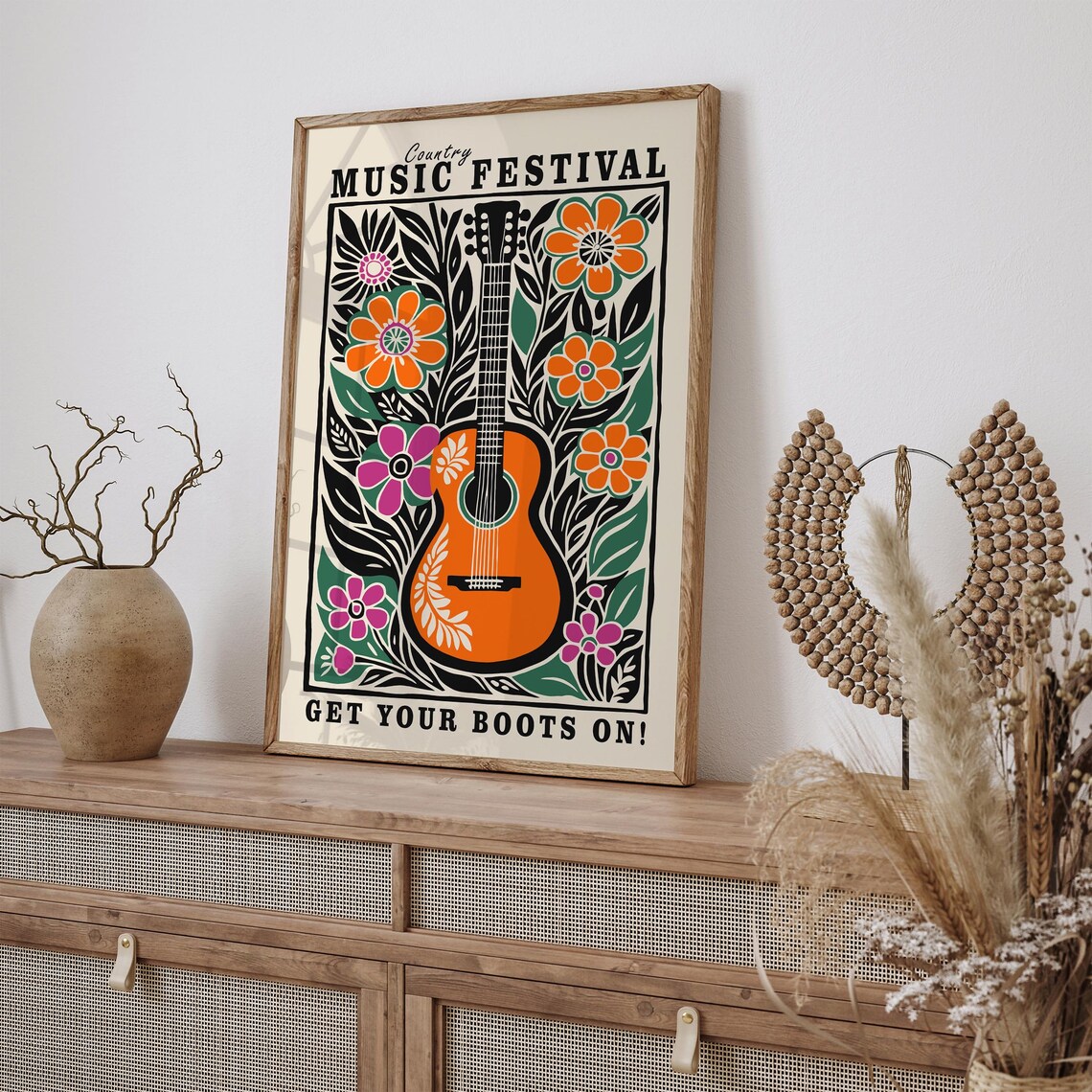 Country Music Festival Guitar Get Your Boots On Floral Poster - Image 2