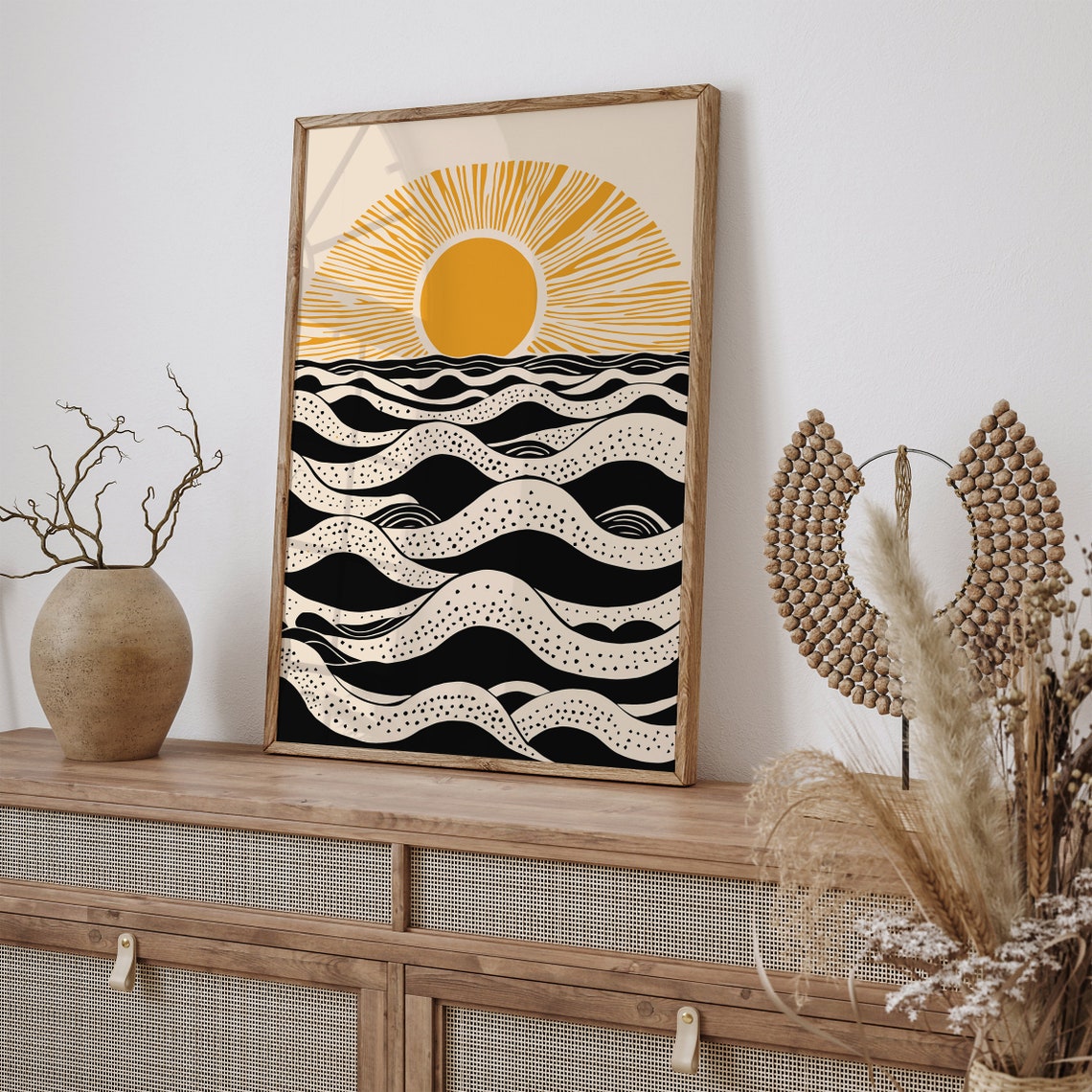 Abstract Sun Over Ocean Waves Boho Coastal Linocut Style Poster - Image 2