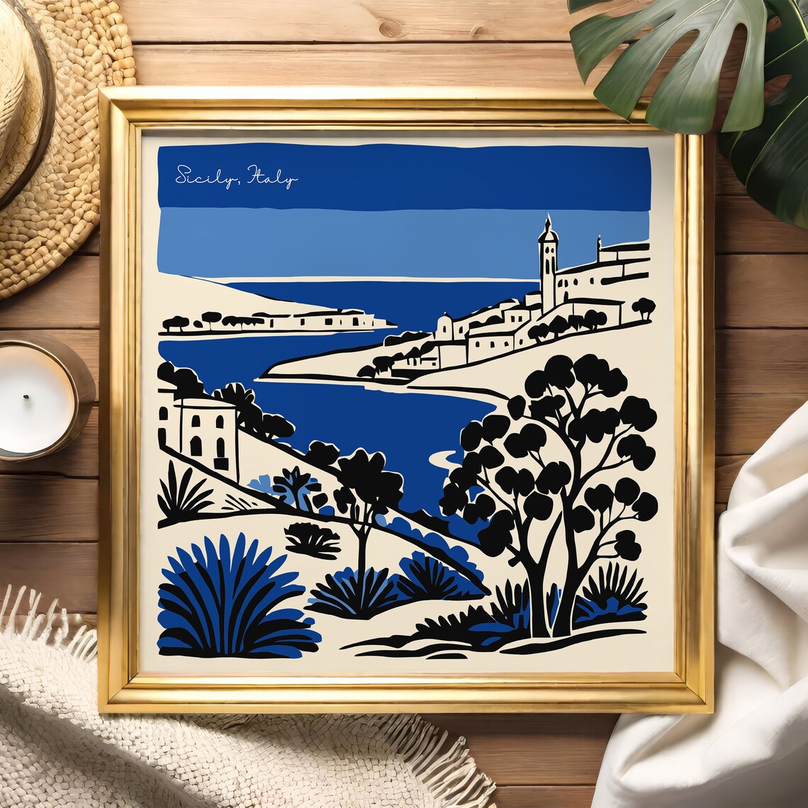 Lovely Sicily Italy Coastal Village Indigo Ink Illustration Poster - Image 2