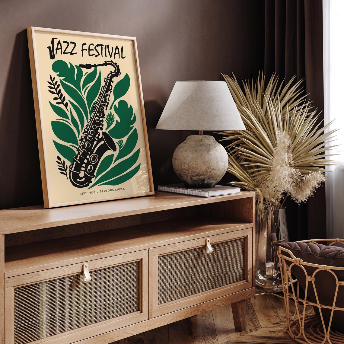Jazz Festival Saxophone Green Leaves Live Music Vintage Poster - Image 3
