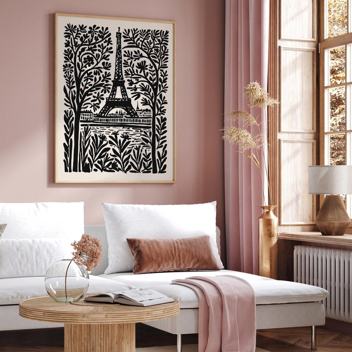 Black and White Eiffel Tower Between Trees Folk Linocut Poster - Image 3