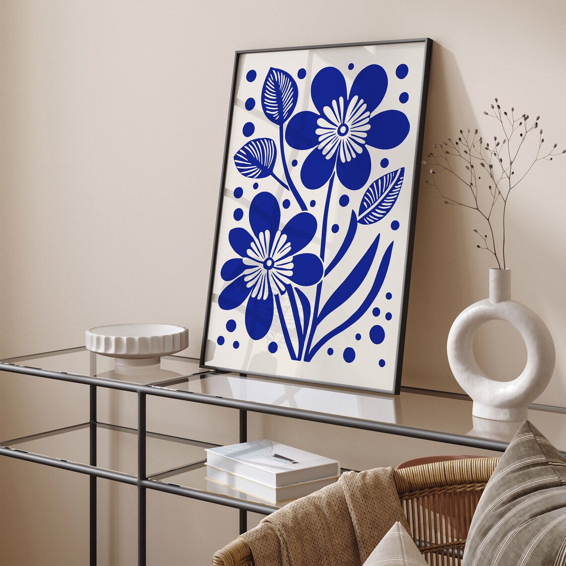 Royal Blue Indigo Flowers Bold Botanical Folk Style Art Print - Image 4