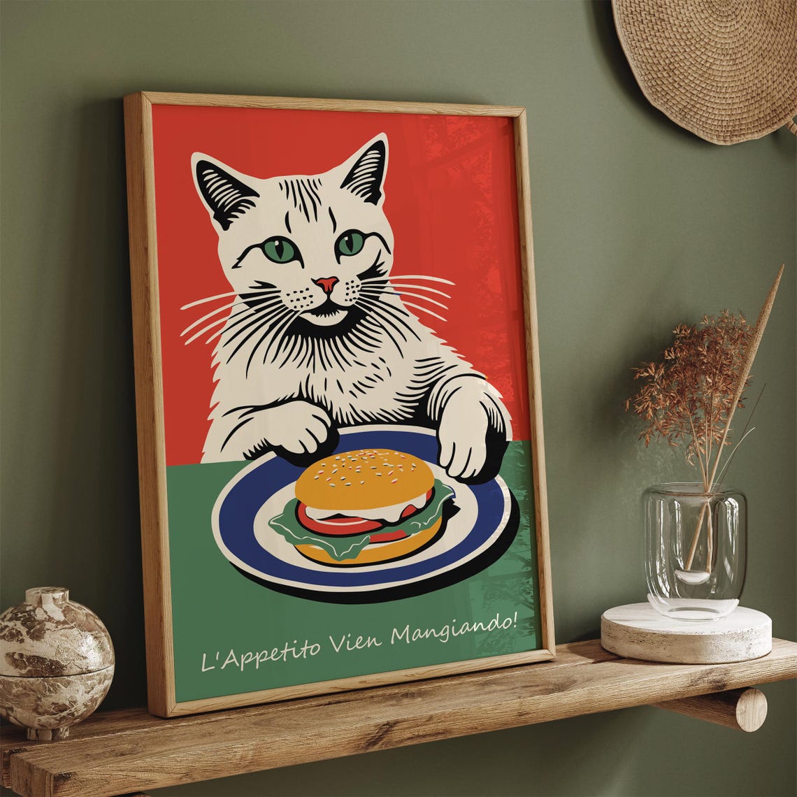 Funny White Cat Eating Burger Italian Poster L'Appetito Vien Mangiando