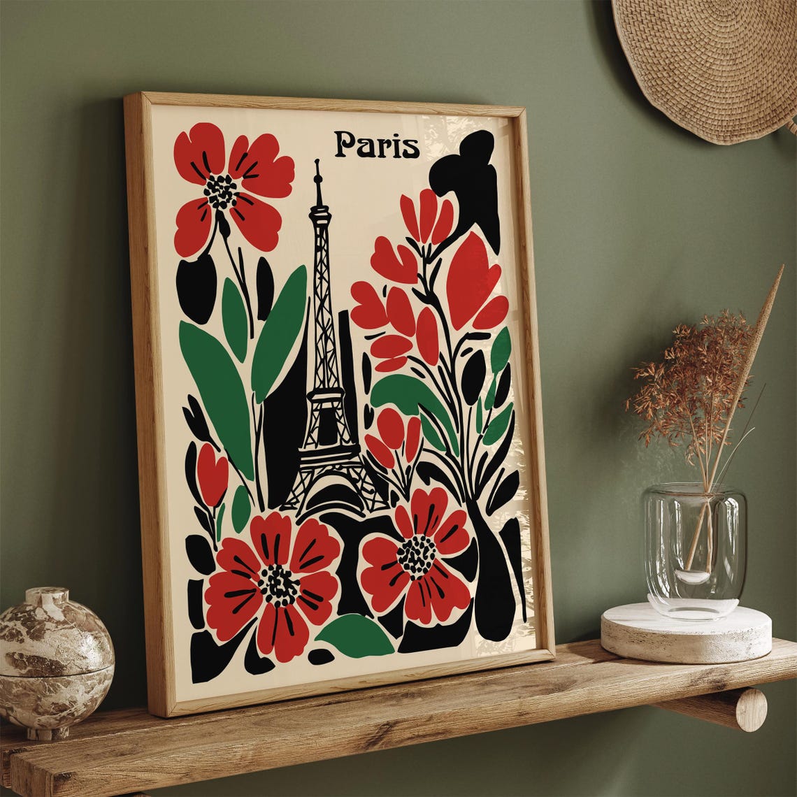 Bold Matisse Style Paris Eiffel Tower Red Floral Flower Art Poster - Image 2