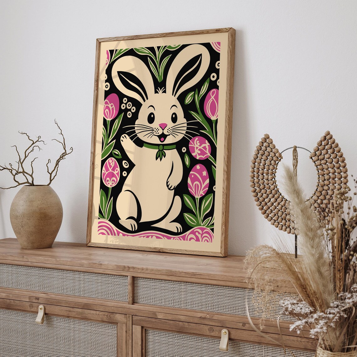 Cute Easter Bunny Pink Tulip Floral Whimsical Nursery Wall Decor Poster - Image 4