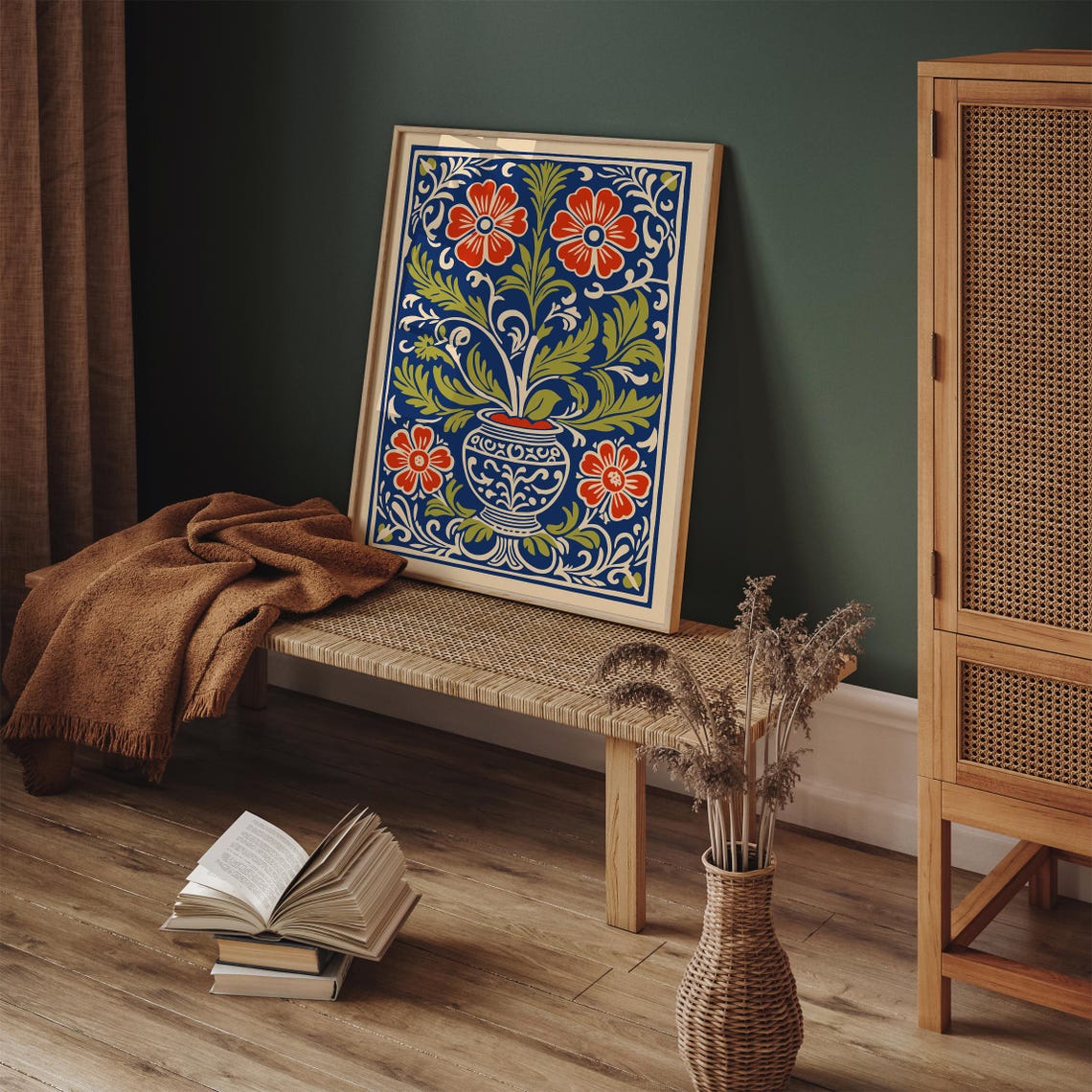 Indigo Blue Rococo Floral Urn Red Blooms Morris Style Poster - Image 6