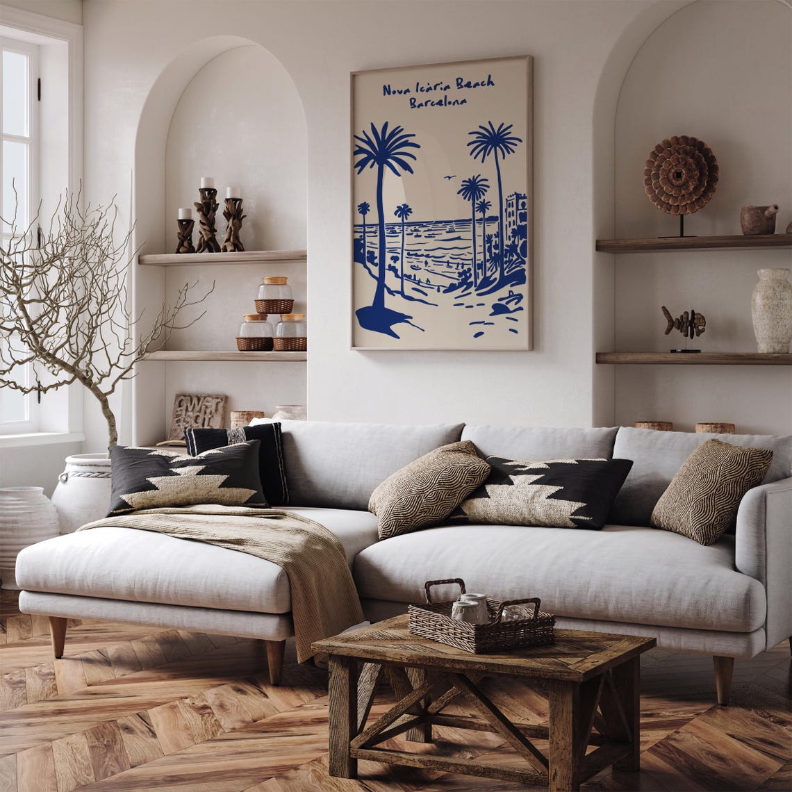 Nova Icaria Beach Barcelona Blue Palm Trees Coastal Scene Poster - Image 4
