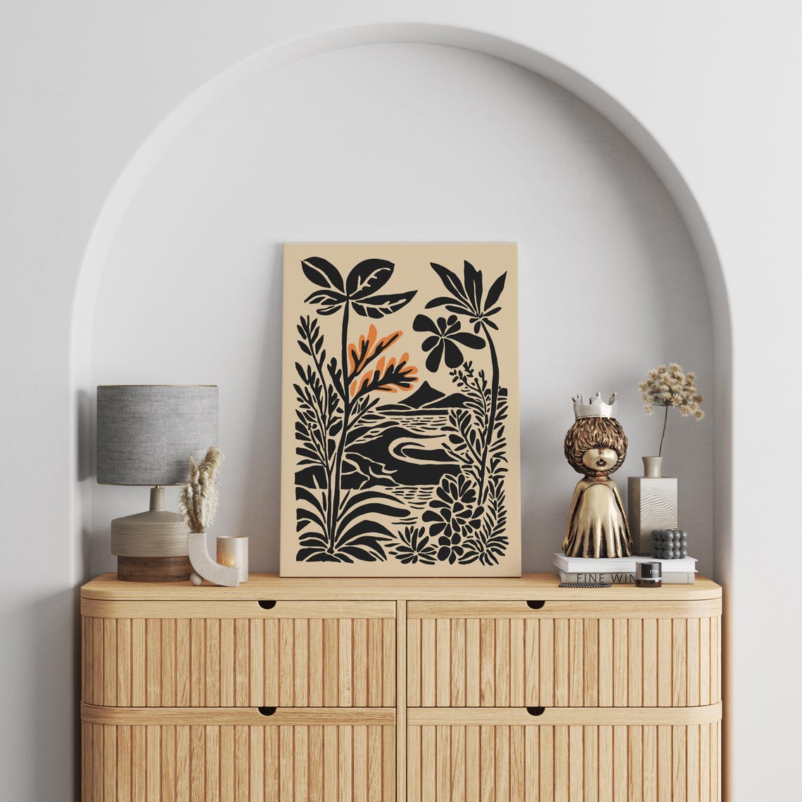 Tropical Silhouette Island Landscape Modern Linocut Style Poster - Image 3