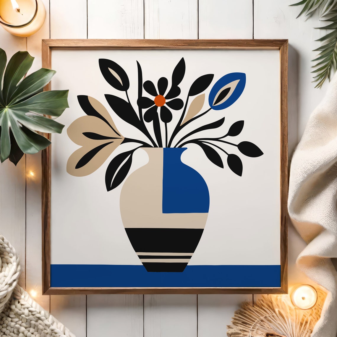 Blue Beige Geometric Vase Floral Minimalist Square Art Print - Image 2
