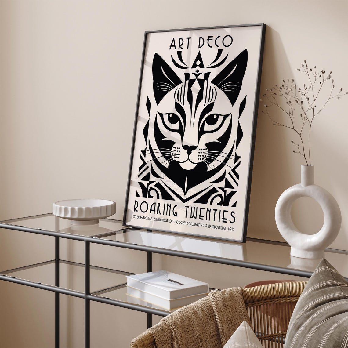 Art Deco Roaring Twenties Black and White Geometric Cat Poster - Image 3