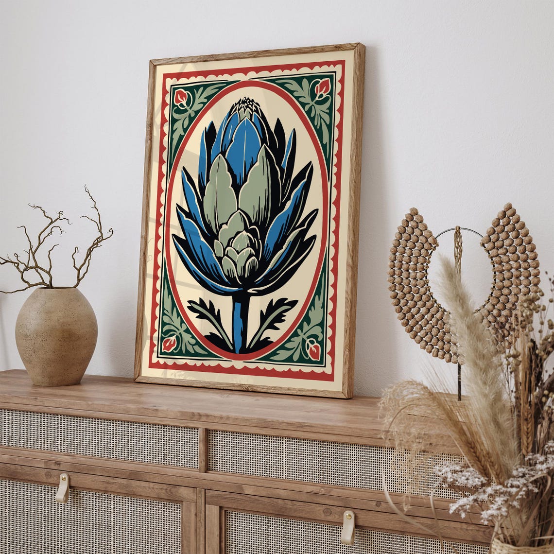 Blue Artichoke Oval Frame Red Green Folk Border Kitchen Poster - Image 2