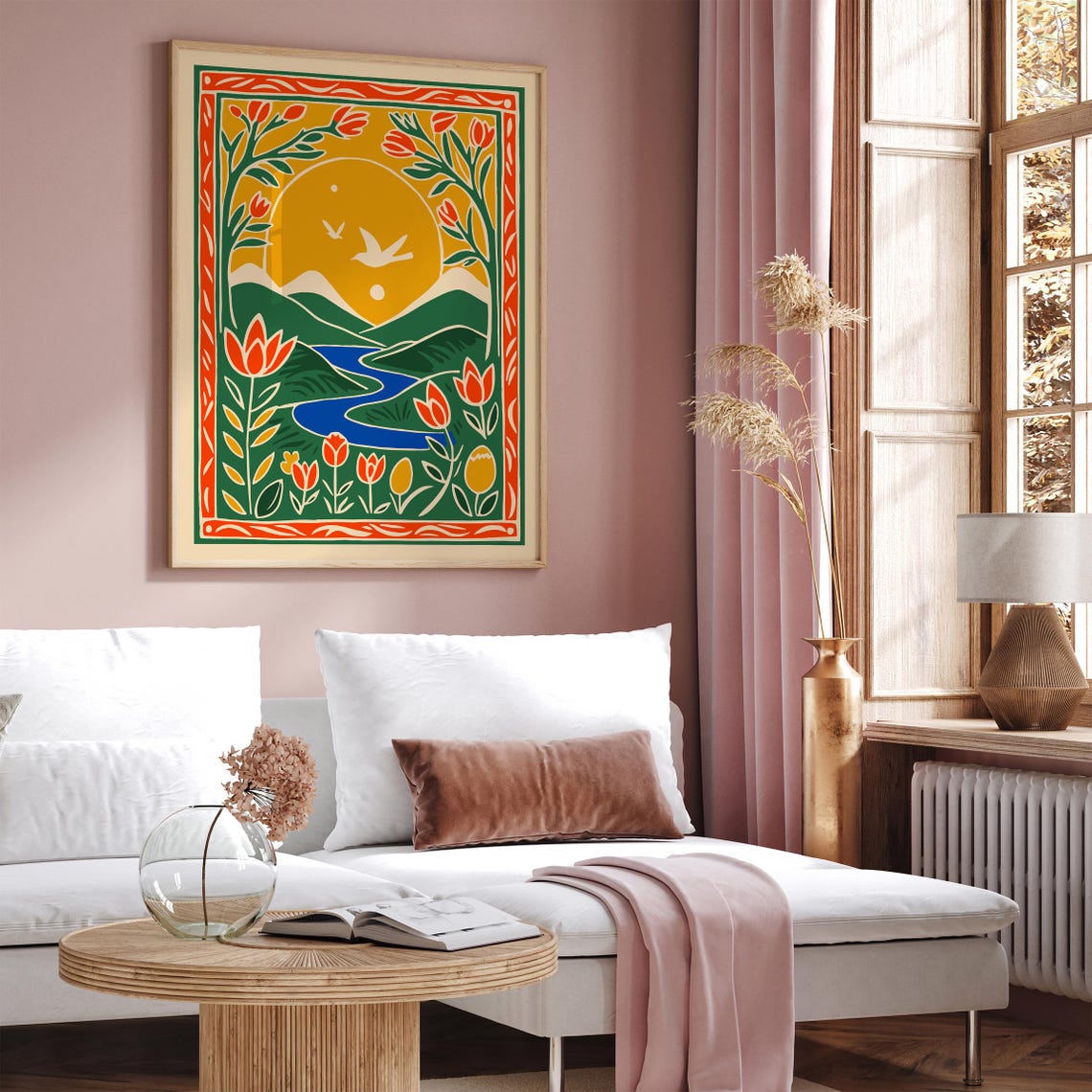 Folk Mountain River Golden Sunset Tulips Birds Spring Art Poster - Image 4