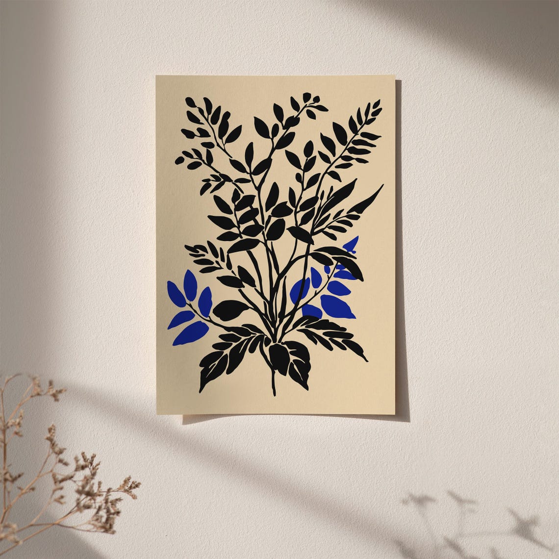 Black Blue Leaf Silhouette Minimalist Botanical Rustic Art Print - Image 5