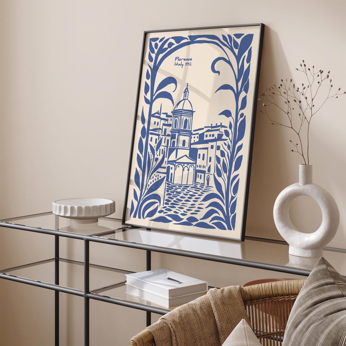 Florence Italy 1992 Blue Ink Piazza Botanical Travel Art Poster - Image 5