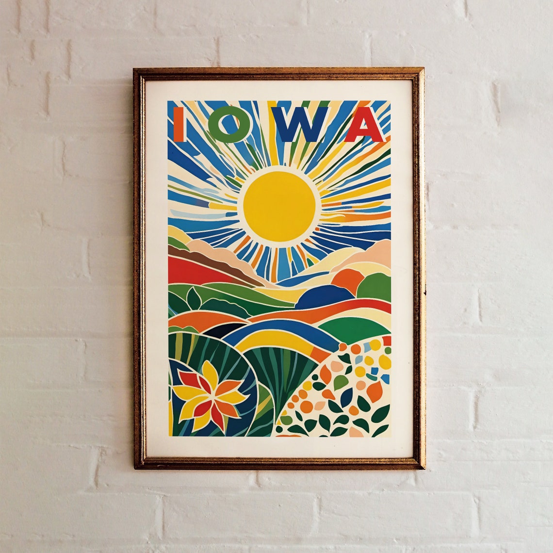 Iowa Retro Sun Over Rolling Farmland Landscape Travel Poster - Image 4