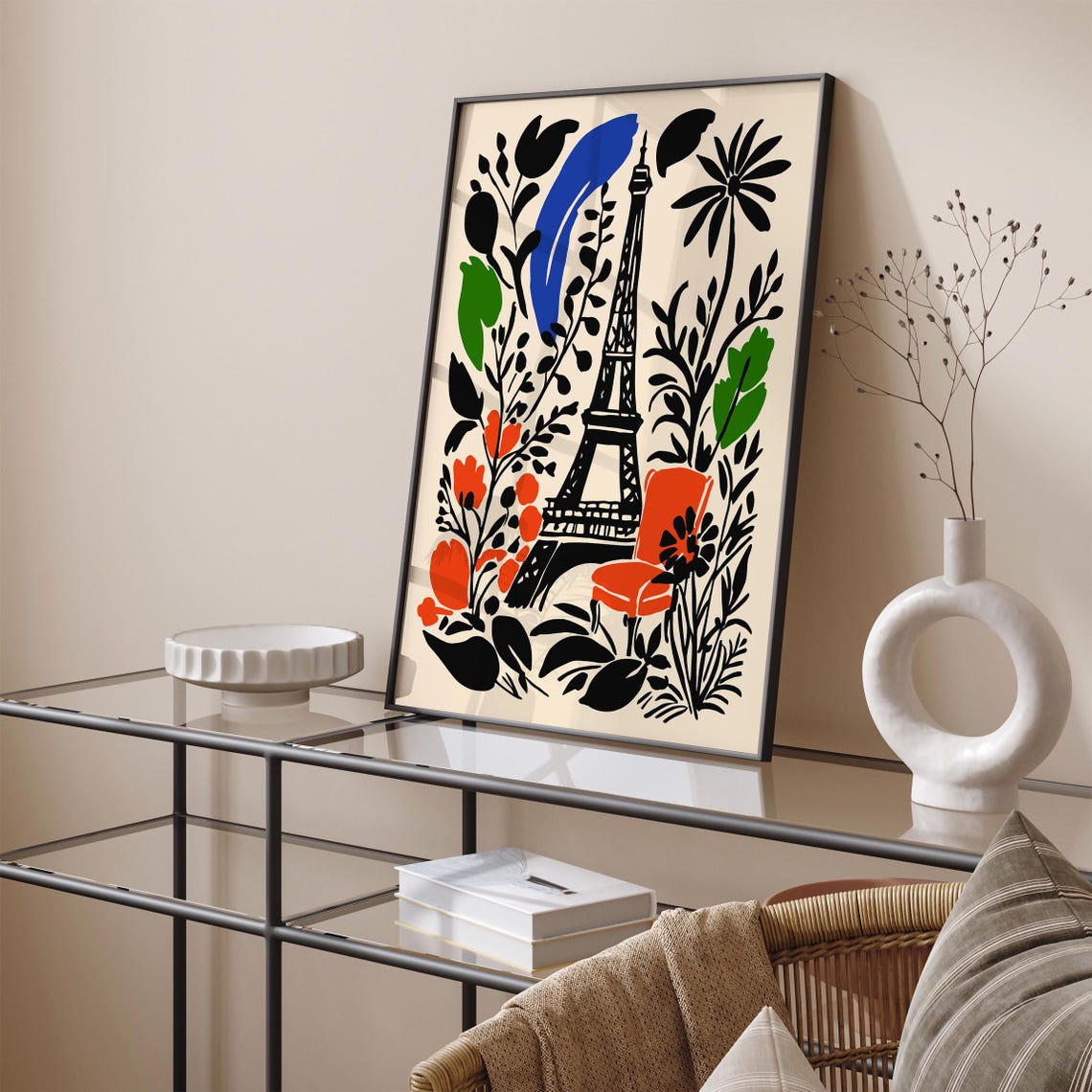 Paris Eiffel Tower Botanical Poster Red Chair and Abstract Leaves - Image 2