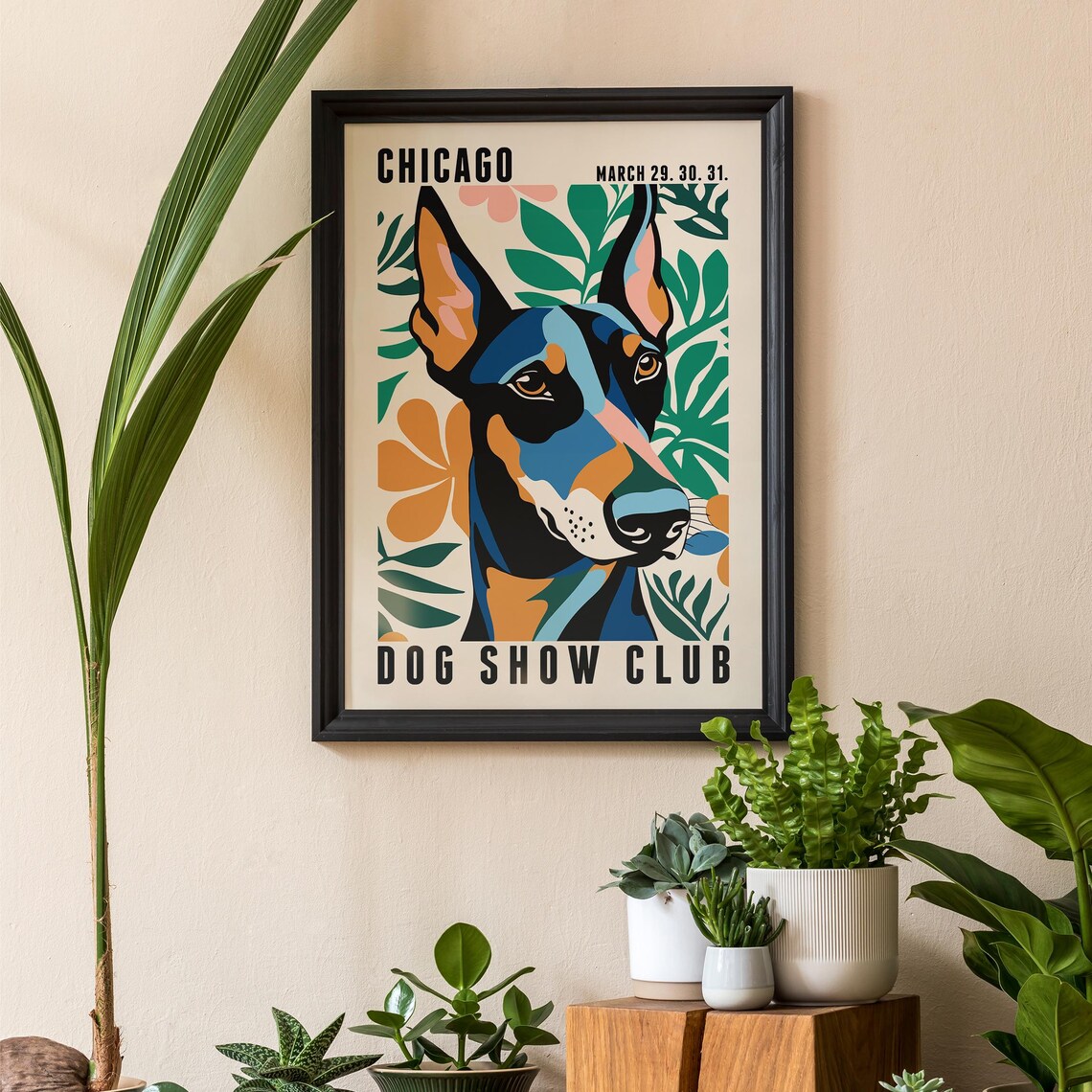 Chicago Dog Show Club Doberman Pop Art Poster With Tropical Leaves - Image 2