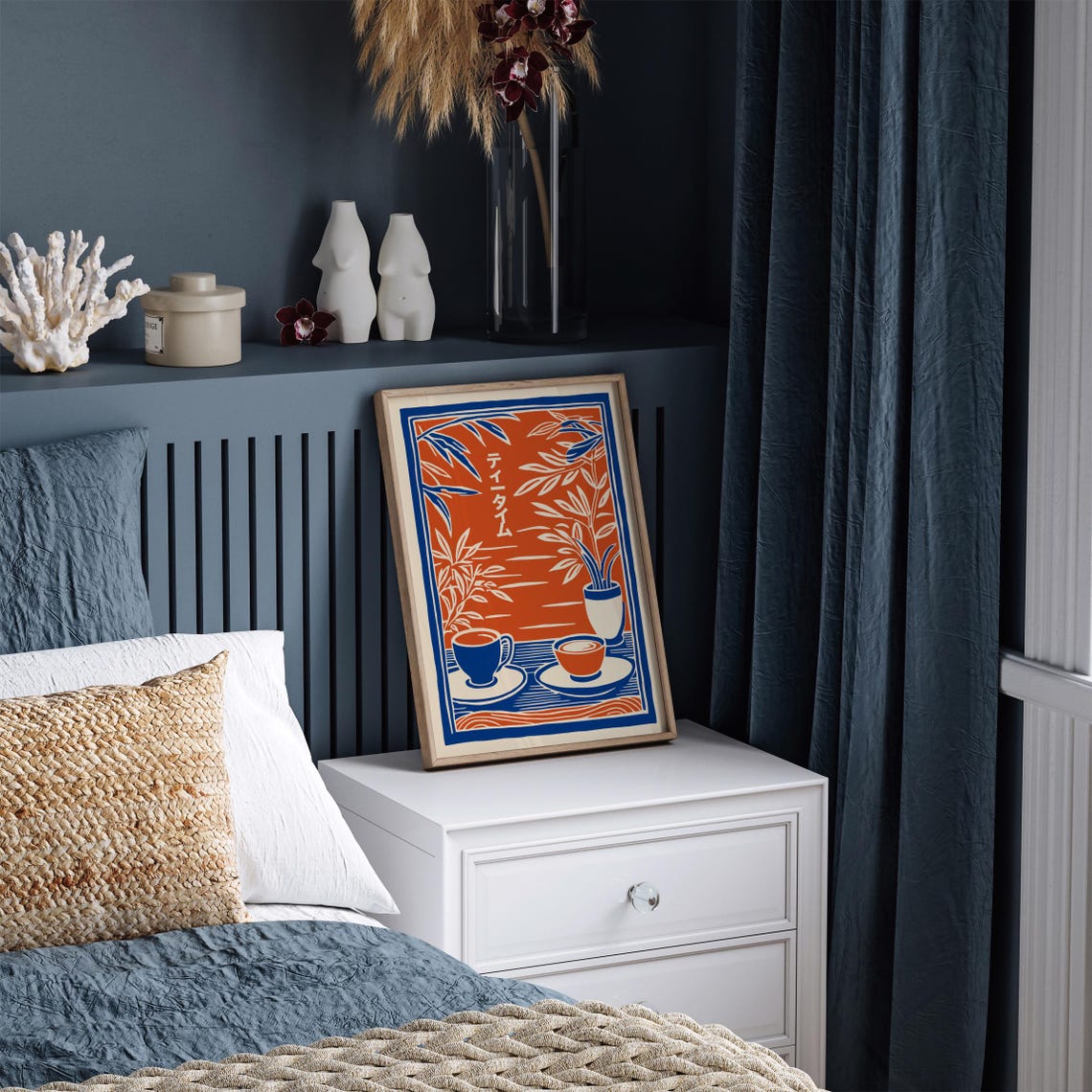 Japanese Tea Time Orange and Blue Cups Bamboo Zen Kitchen Art Poster - Image 2