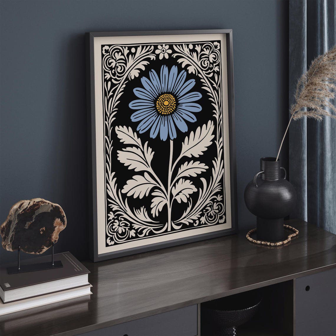 Blue Daisy Black Rococo Floral Vintage Style Botanical Poster - Image 2