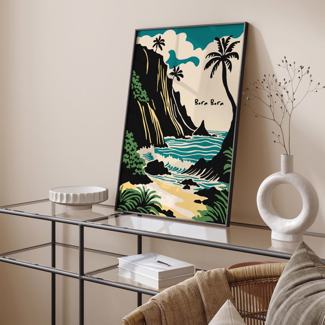 Bora Bora Tropical Island Cliffs Turquoise Waves Retro Travel Poster - Image 3