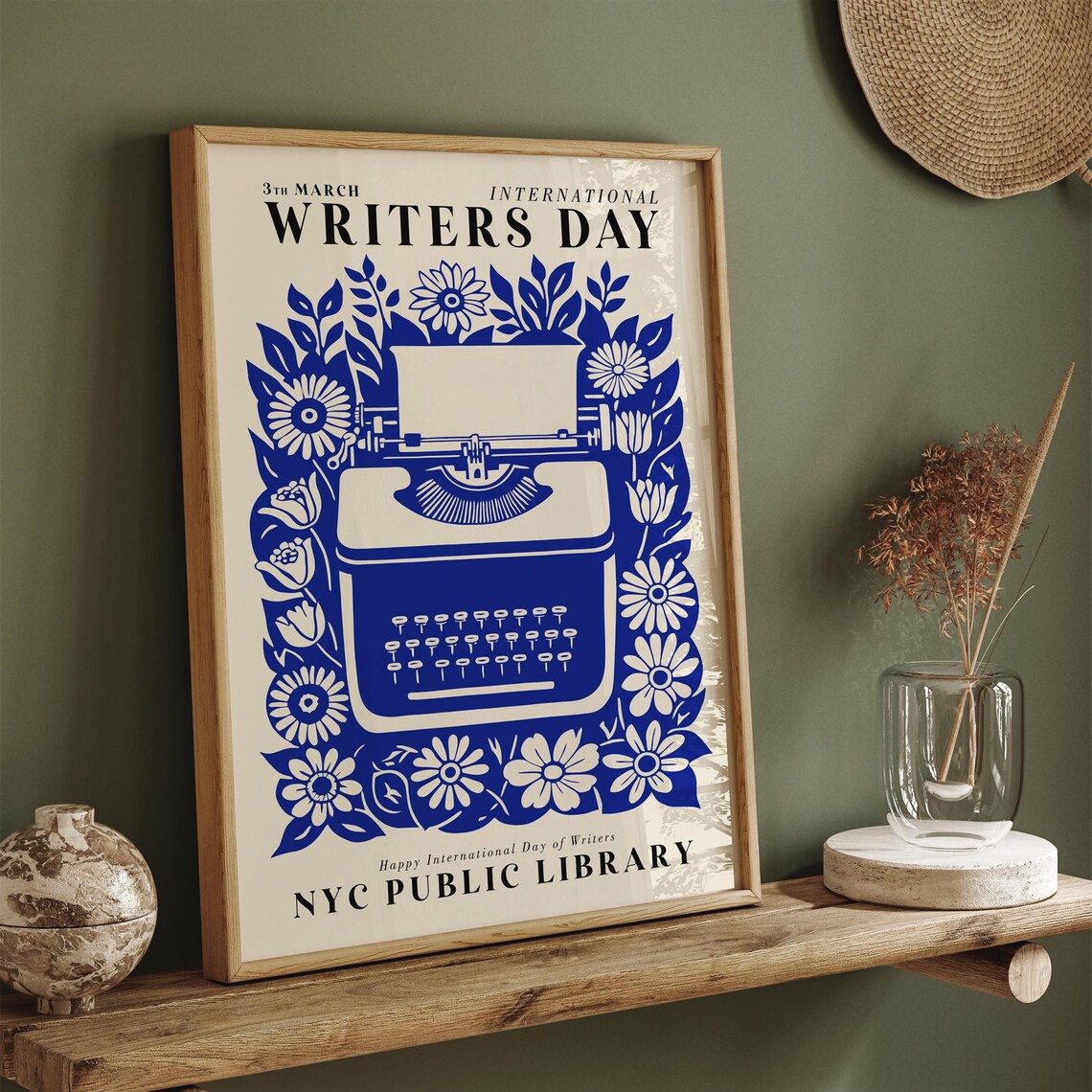 NYC Library Vintage International Writers Day Blue Floral Poster - Image 4
