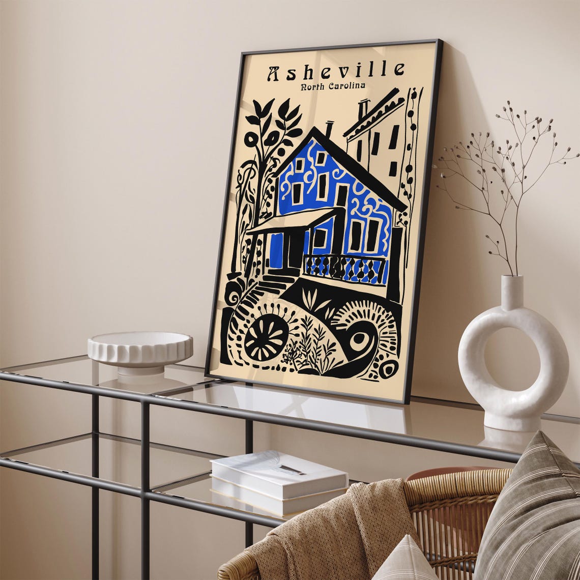 Asheville North Carolina Blue House Boho Folk Art Travel Poster - Image 3