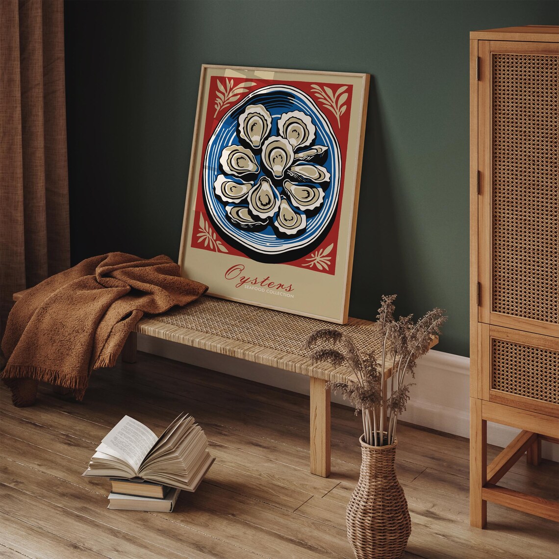 Oysters Seafood Collection Vintage Red and Blue Market Scene Poster - Image 4