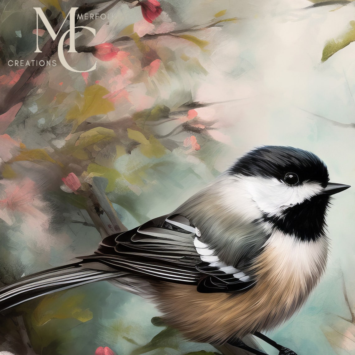 Chickadee Among White Spring Blossoms Dark Botanical Wildlife Poster - Image 2