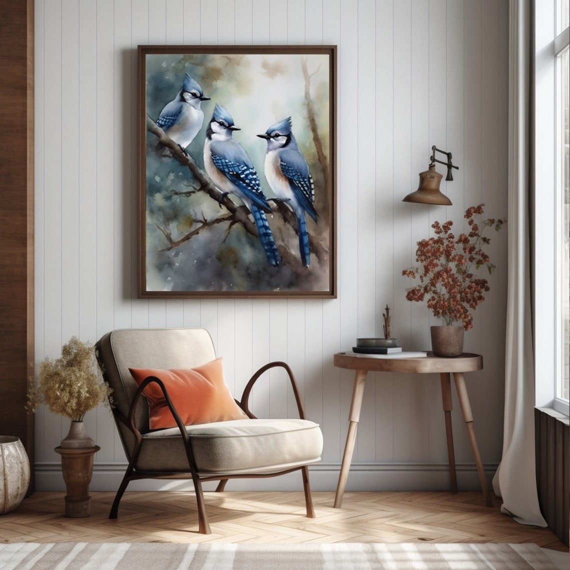 Three Blue Jays Perched on a Branch Watercolor Wildlife Bird Poster - Image 3