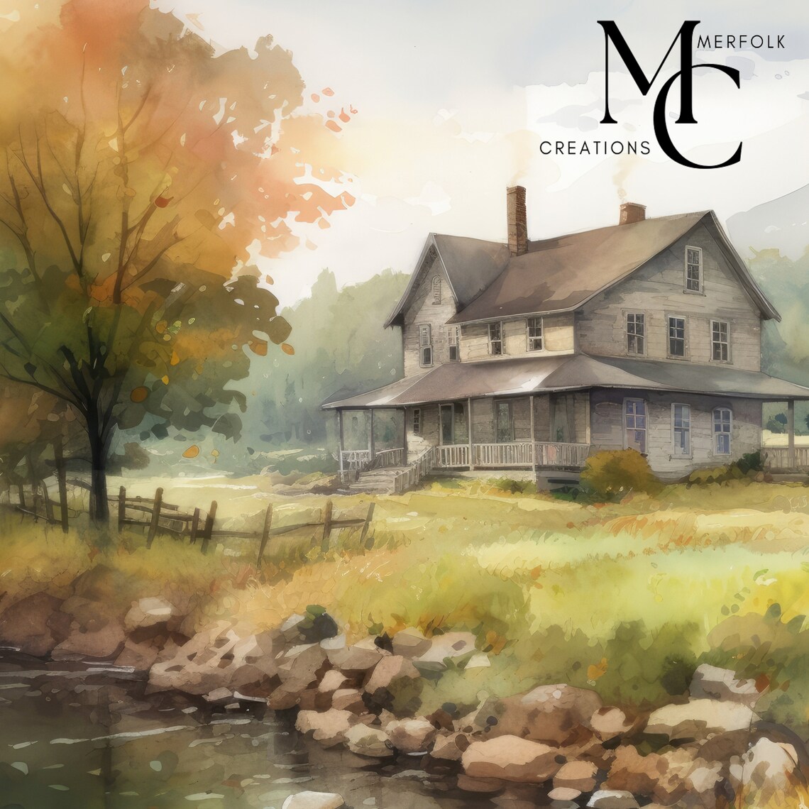 Farmhouse Porch by a Rocky Creek in Autumn Watercolor Landscape Poster - Image 3