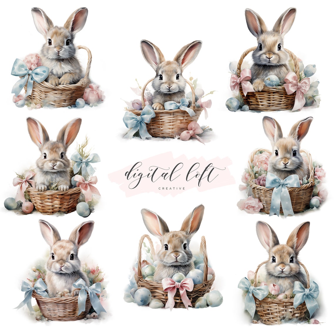 Easter Bunny in Basket Watercolor Set Eight Cute Designs Poster
