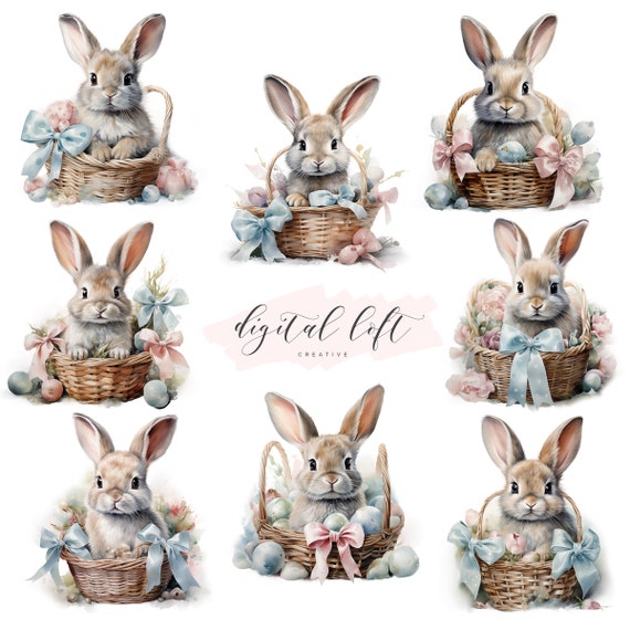 8 Png Easter Basket Bunny Bundle Cute Rabbit Illustration Animal Nursery Decor Scrapbooking Junk Journal Diy Card Stationery Invitations