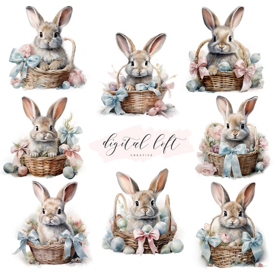 Easter Bunny in Basket Watercolor Set Eight Cute Designs Poster
