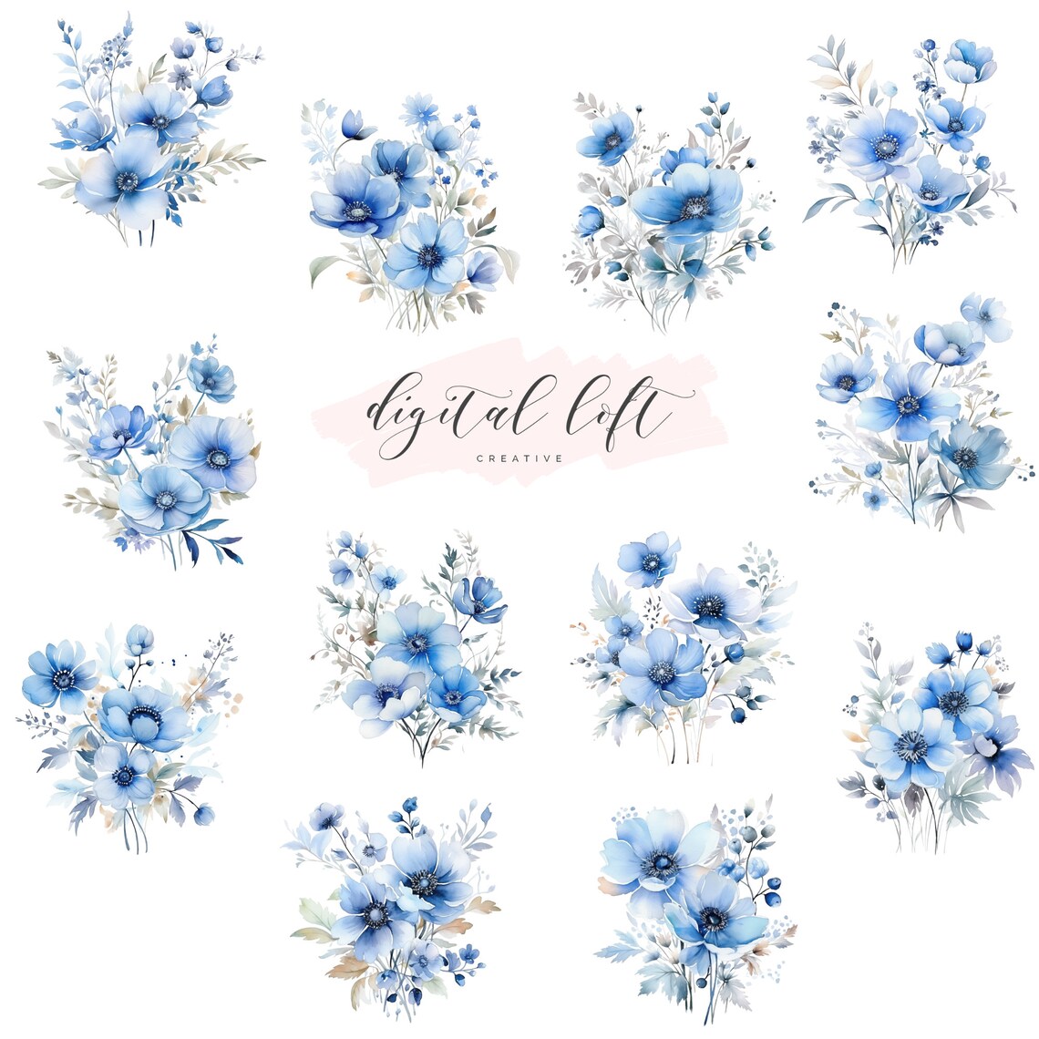 Blue Wildflower Bouquet Watercolor Set Botanical Floral Wall Art