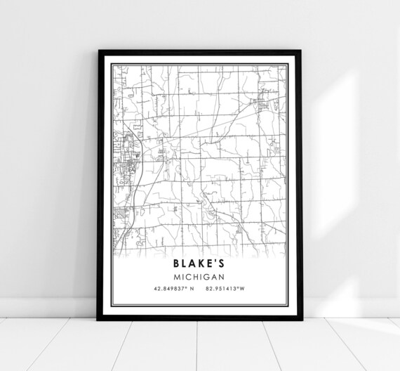Blakes Michigan Minimalist Black and White Line Art Map Wall Print