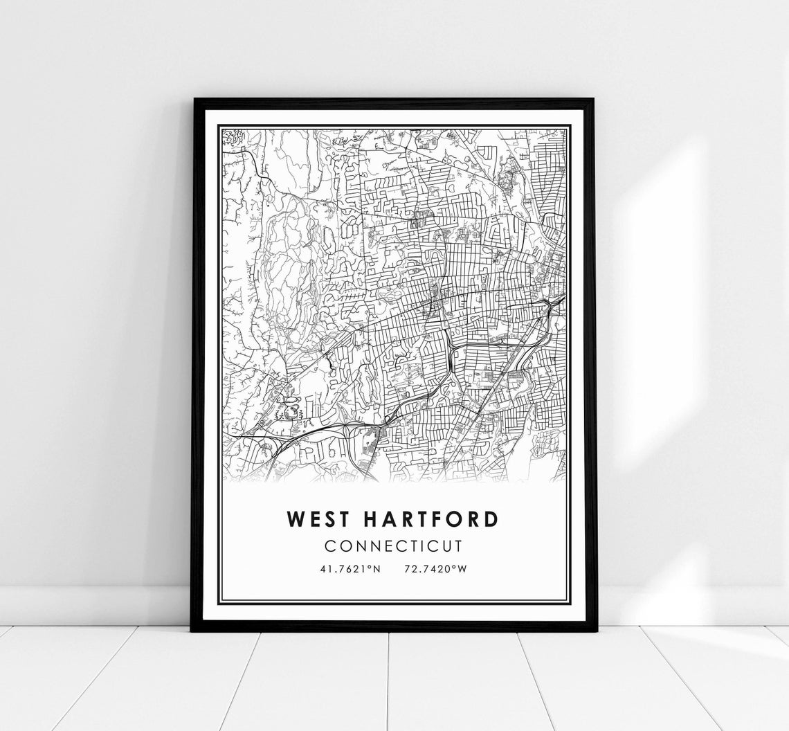 West Hartford Connecticut Minimalist Black And White Map Poster