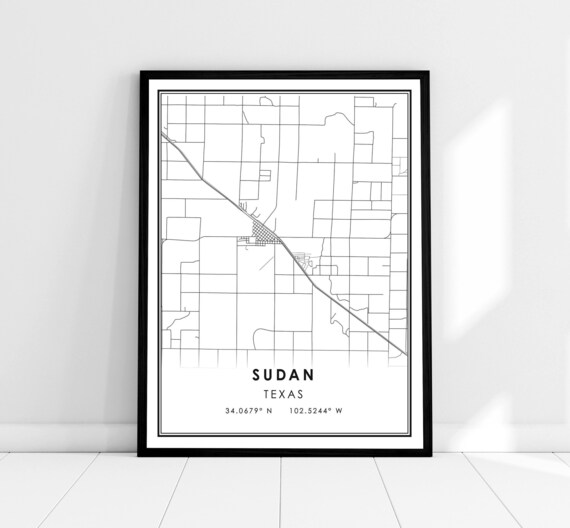 Sudan Texas Minimalist Small Town Street Map Line Art Poster