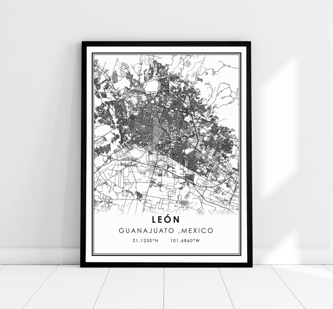 León, Mexico Map Art Print, Travel Poster
